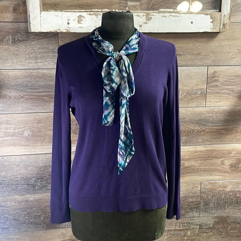 Liz Claiborne Classy Petite Ladies Sweater w/ attch’d scarf Purple&Teal Size PL